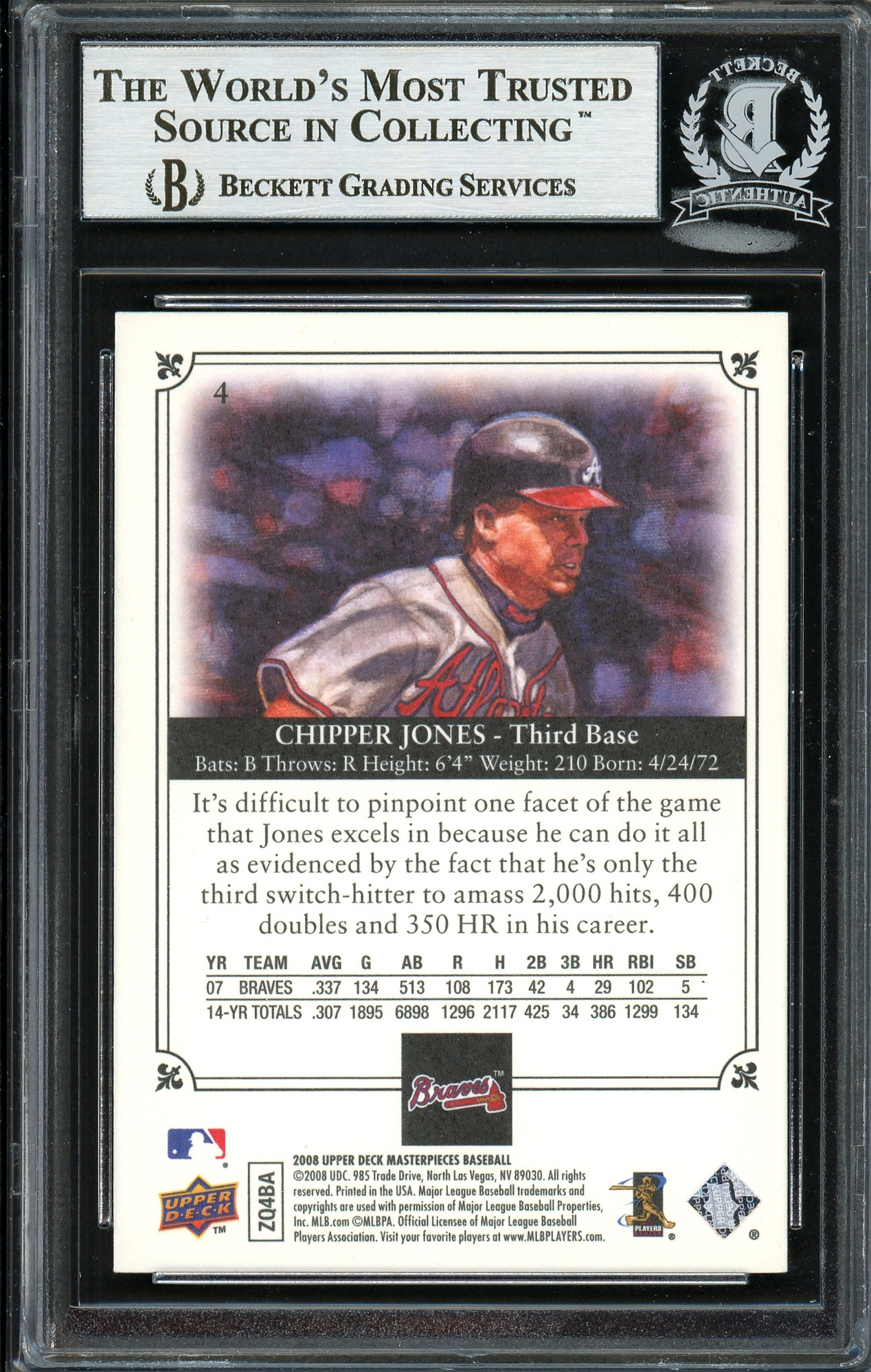 Chipper Jones Autographed 2008 Upper Deck Masterpieces Card #4 Atlanta Braves Beckett BAS #12750561