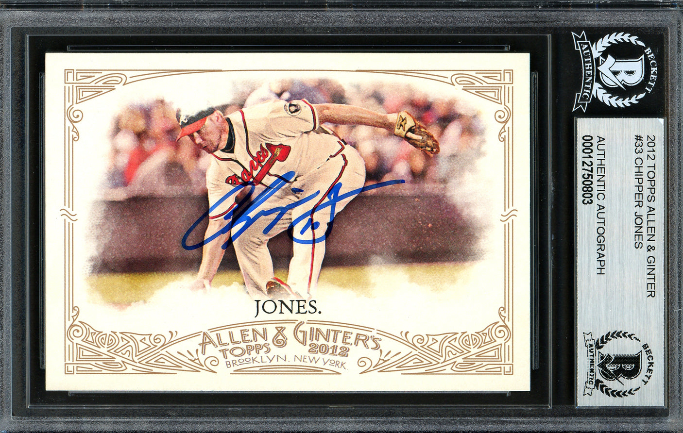 Chipper Jones Autographed 2012 Topps Allen & Ginter Card #33 Atlanta Braves Beckett BAS #12750803
