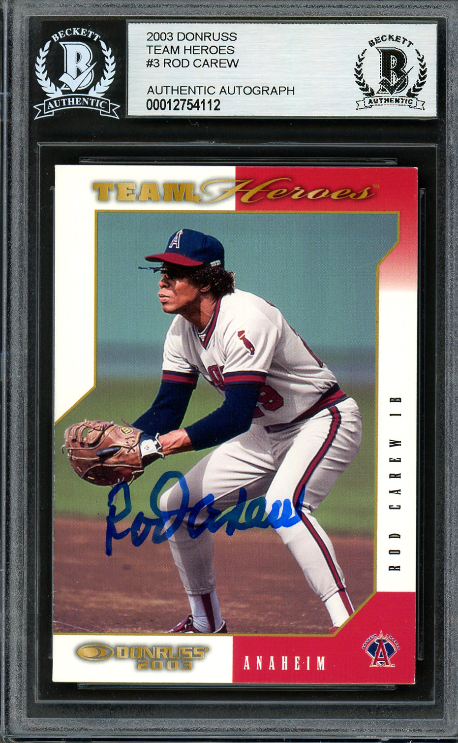 Rod Carew Autographed 2002 Donruss Team Heroes Card #3 California Angels Beckett BAS #12754112