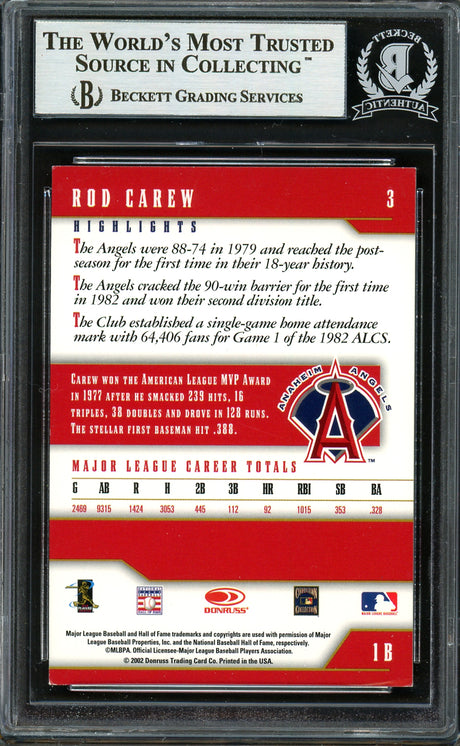 Rod Carew Autographed 2002 Donruss Team Heroes Card #3 California Angels Beckett BAS #12754112