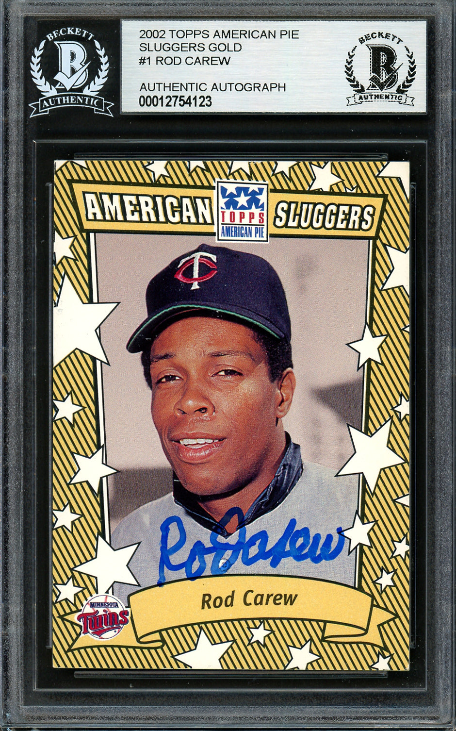 Rod Carew Autographed 2002 Topps American Pie Gold Card #AS-RC Minnesota Twins Beckett BAS #12754123