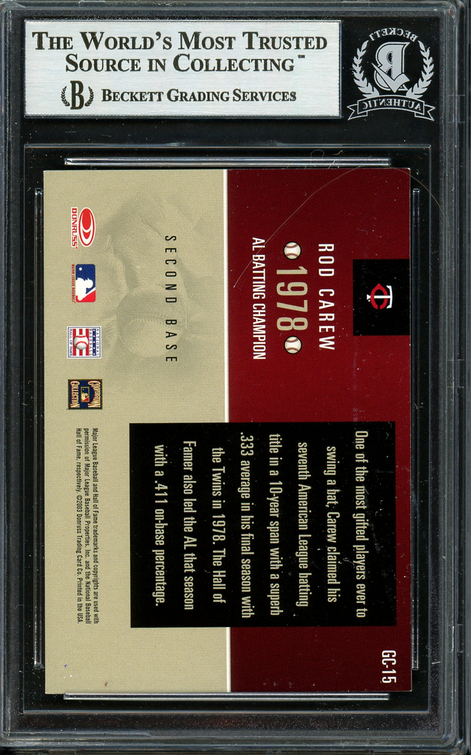 Rod Carew Autographed 2003 Donruss Champions Card #GC-15 Minnesota Twins Beckett BAS #12754127
