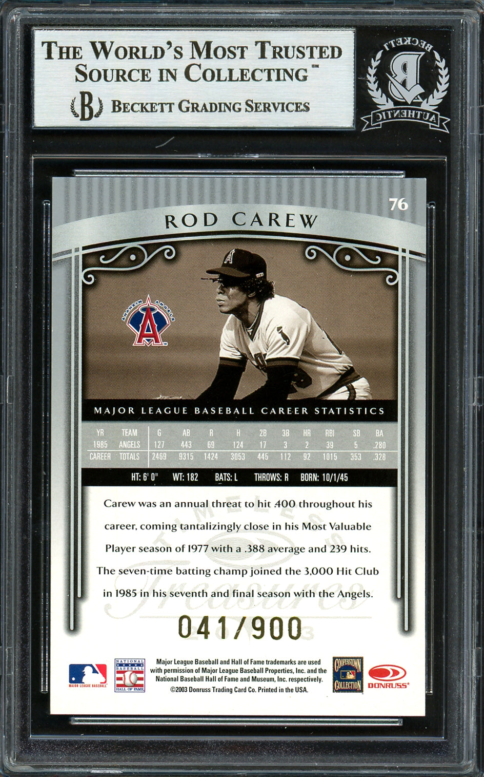 Rod Carew Autographed 2003 Donruss Timeless Treasures Card #76 California Angels #41/900 Beckett BAS #12754128