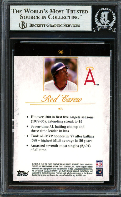 Rod Carew Autographed 2012 Topps Tribute Card #98 California Angels Beckett BAS #12754236