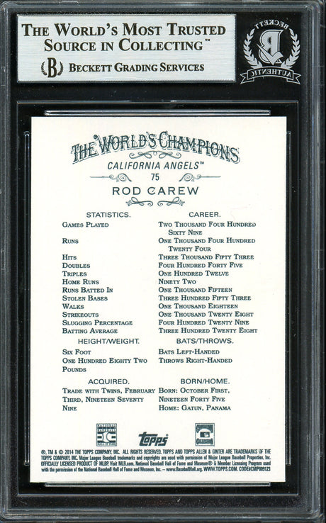 Rod Carew Autographed 2014 Topps Allen & Ginter Card #75 California Angels Beckett BAS Stock #193357