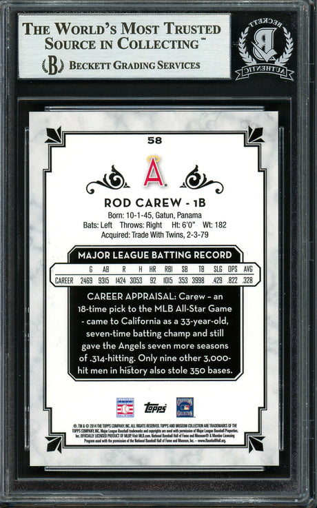 Rod Carew Autographed 2014 Topps Museum Collection Card #58 California Angels Beckett BAS #12754267