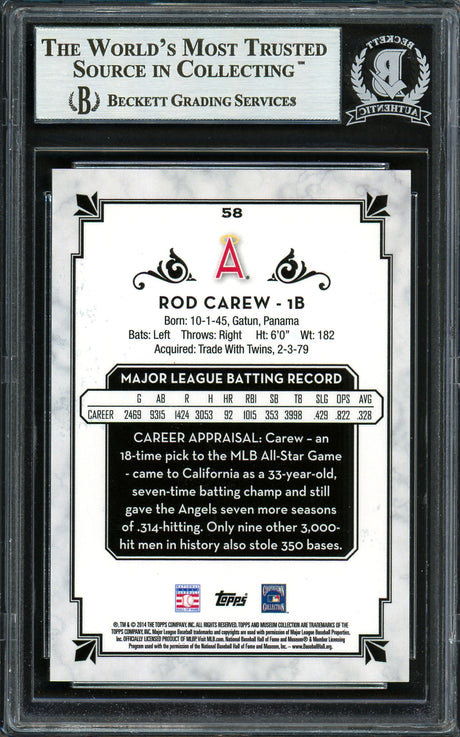 Rod Carew Autographed 2014 Topps Museum Collection Card #58 California Angels Beckett BAS #12754268