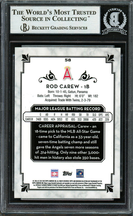 Rod Carew Autographed 2014 Topps Museum Collection Card #58 California Angels Beckett BAS #12754270