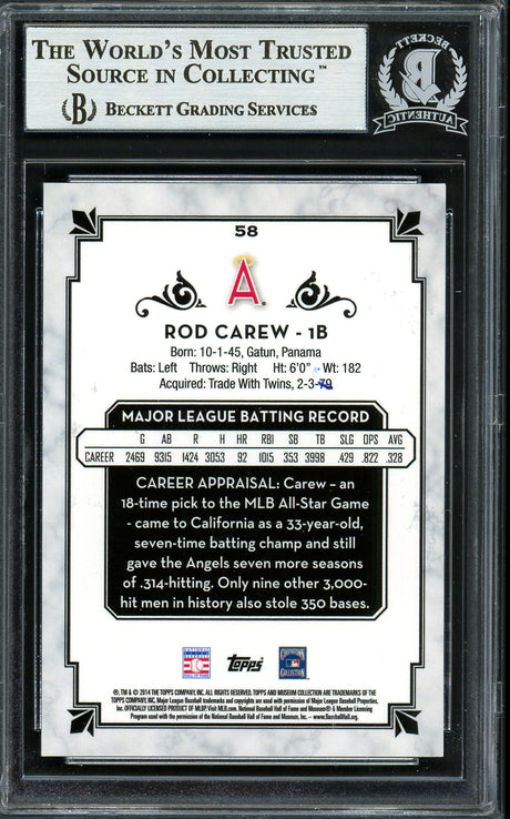 Rod Carew Autographed 2014 Topps Museum Collection Card #58 California Angels Beckett BAS #12754271