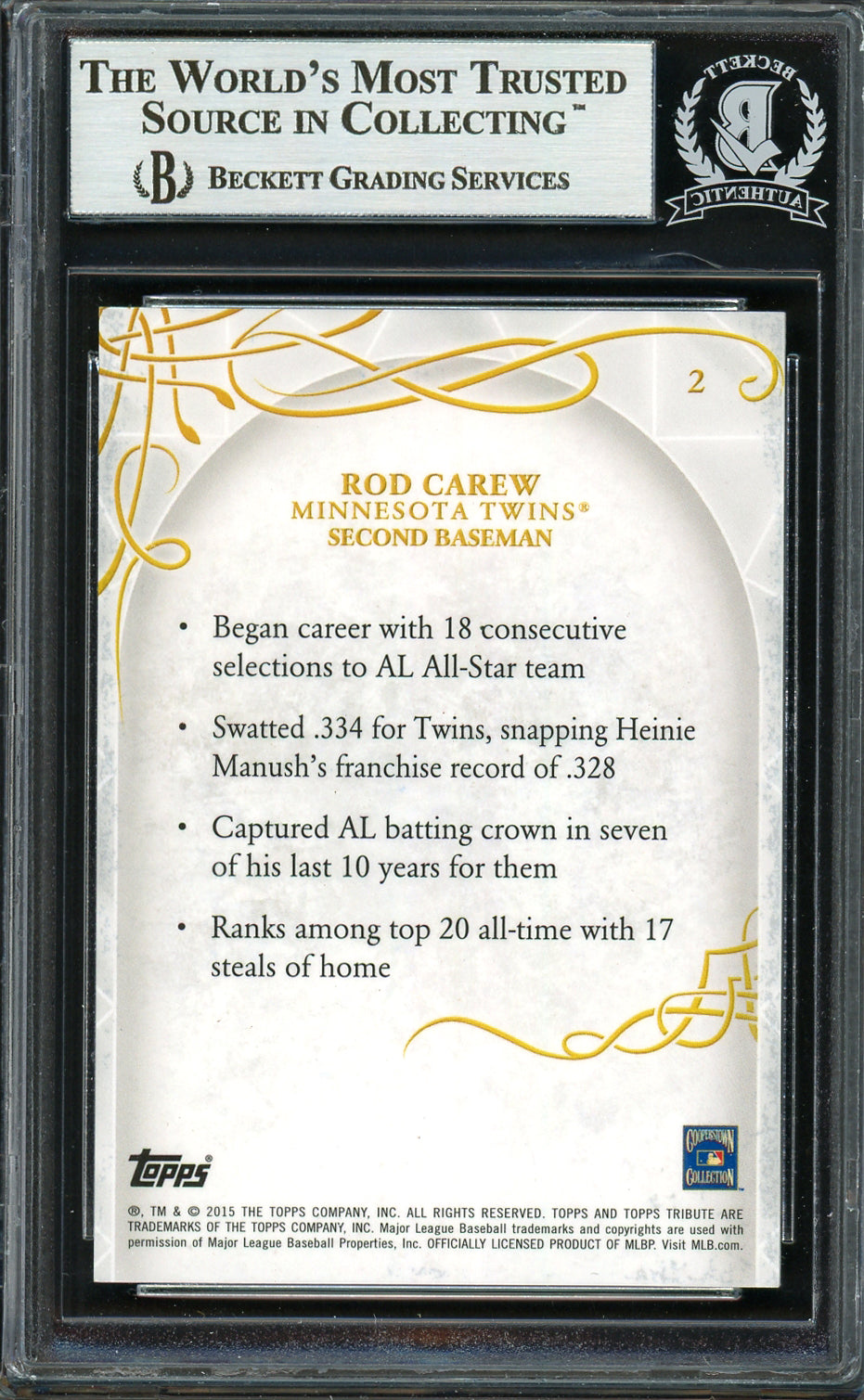 Rod Carew Autographed 2015 Topps Tribute Card #2 Minnesota Twins Beckett BAS #12754353