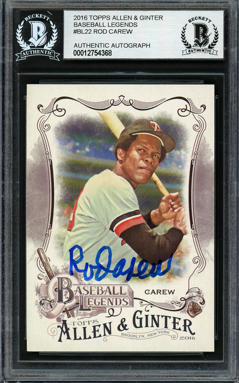 Rod Carew Autographed 2016 Topps Allen & Ginter Baseball's Legends Card #BL-22 Minnesota Twins Beckett BAS Stock #193374