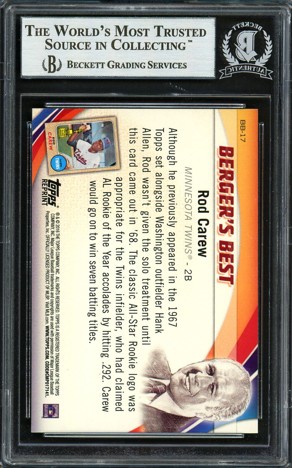 Rod Carew Autographed 2016 Topps Berger's Best Card #BB-17 Minnesota Twins Beckett BAS #12754388
