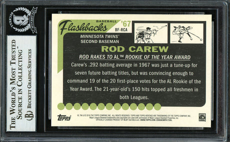 Rod Carew Autographed 2016 Topps Heritage Flashbacks Card #BF-RCA Minnesota Twins Beckett BAS Stock #193380