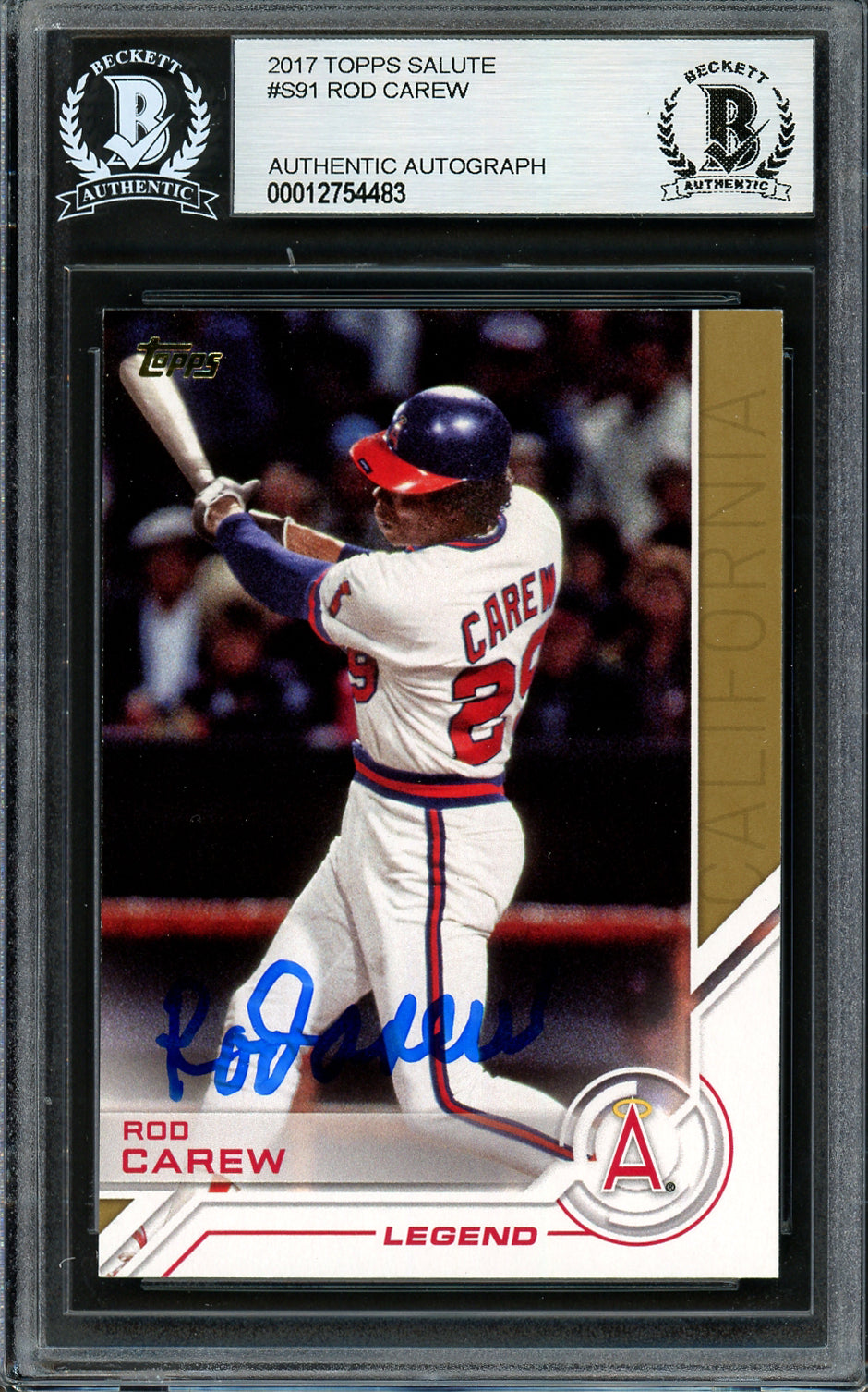 Rod Carew Autographed 2017 Topps Salute Card #S-91 California Angels Beckett BAS #12754483