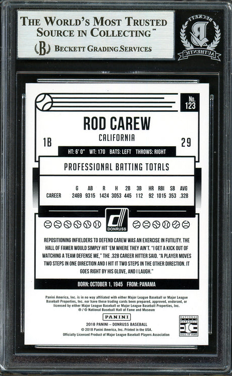 Rod Carew Autographed 2018 Donruss Card #123 Minnesota Twins Beckett BAS #12754486