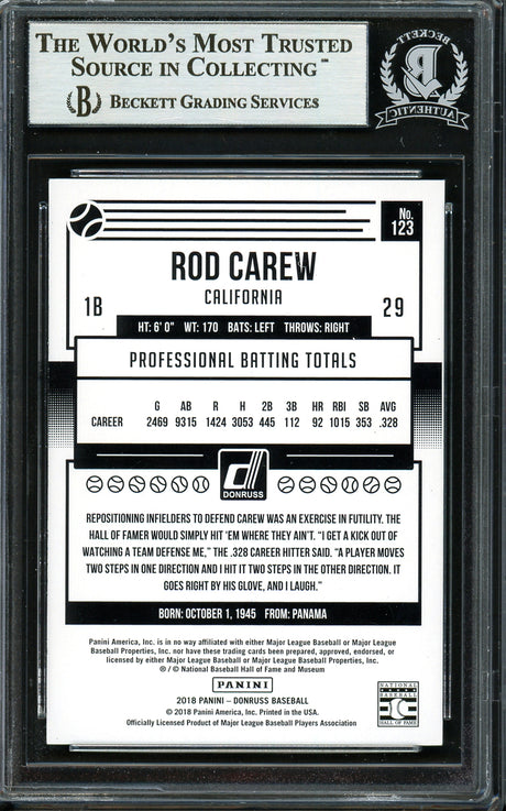 Rod Carew Autographed 2018 Donruss Black & White Card #123 Minnesota Twins Beckett BAS #12754489