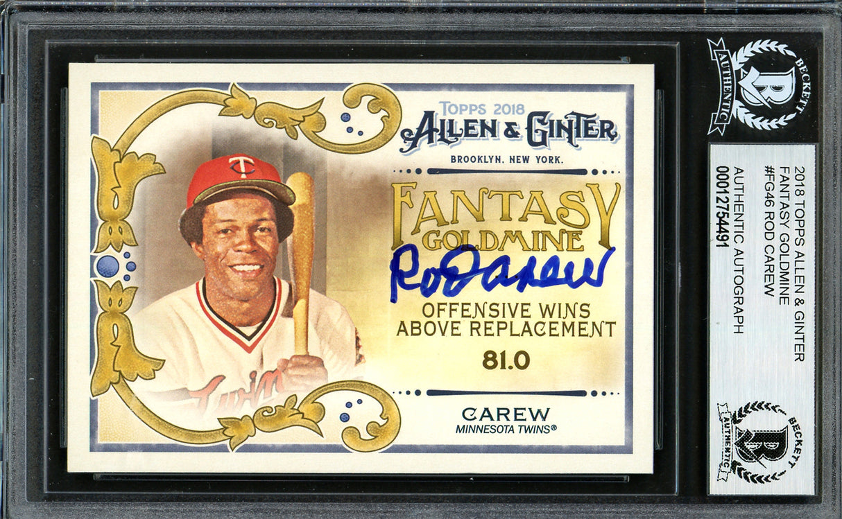 Rod Carew Autographed 2018 Topps Allen & Ginter Fantasy Goldmine Card #FG-46 Minnesota Twins Beckett BAS #12754491