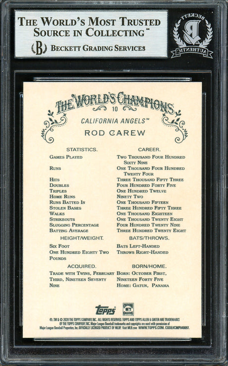 Rod Carew Autographed 2020 Topps Allen & Ginter Card #10 California Angels Beckett BAS Stock #193421