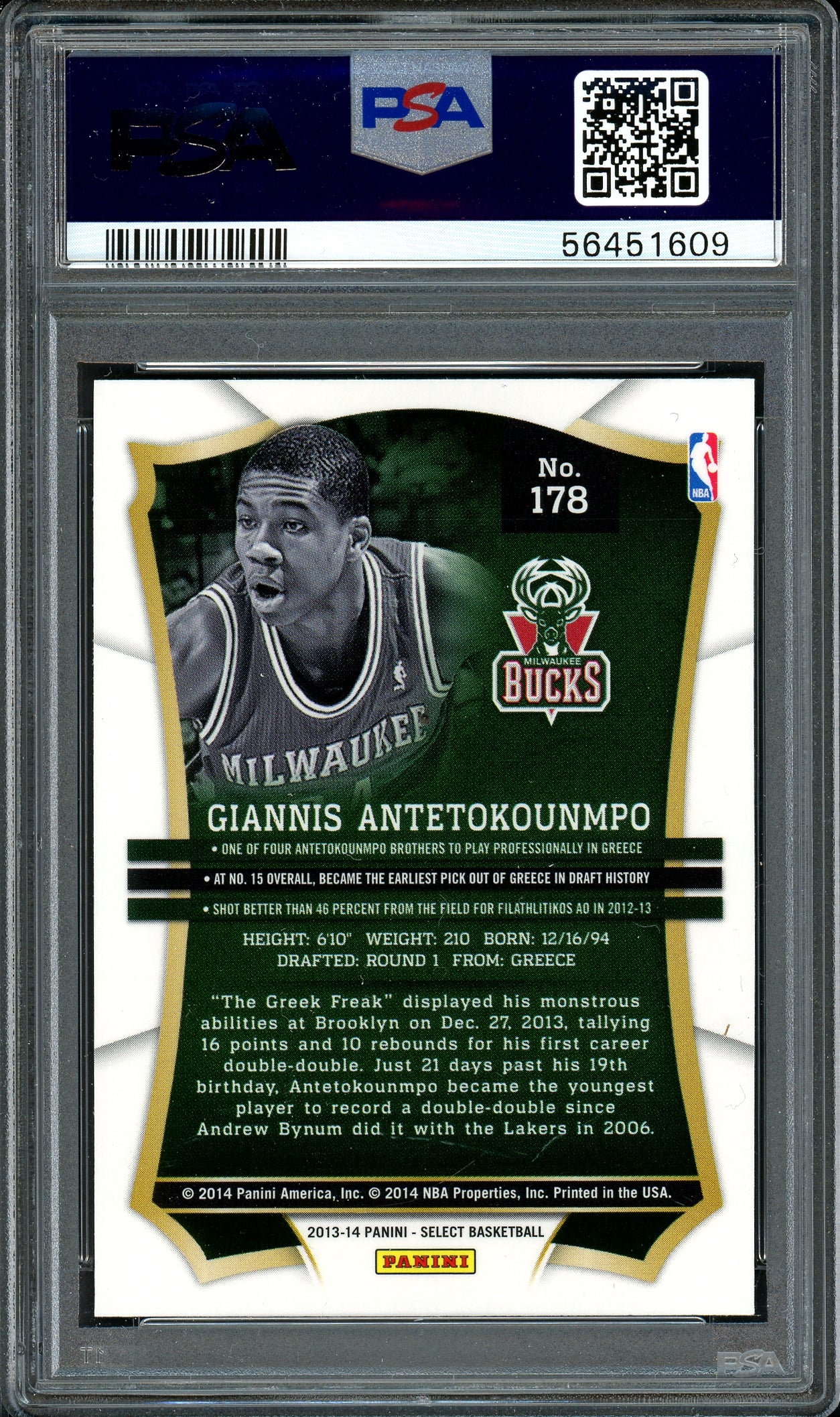 Giannis Antetokounmpo Autographed 2013 Panini Select Rookie Card #178 Milwaukee Bucks PSA 10 Auto Grade Gem Mint 10 "Greek Freak" PSA/DNA #56451609