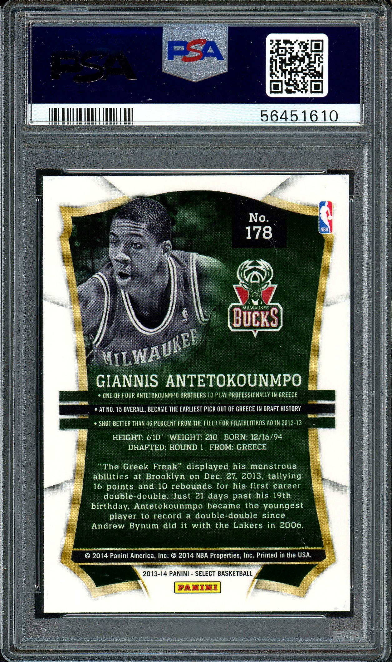 Giannis Antetokounmpo Autographed 2013 Panini Select Rookie Card #178 Milwaukee Bucks PSA 10 Auto Grade Gem Mint 10 "Greek Freak" PSA/DNA #56451610