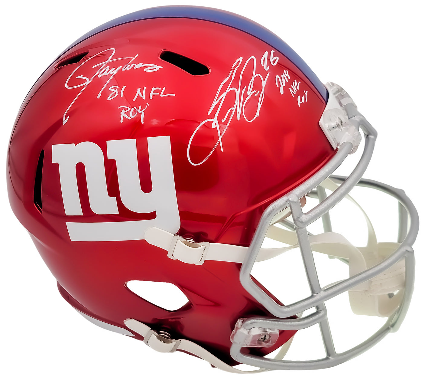 Lawrence Taylor & Saquon Barkley Autographed New York Giants Flash Red Full Size Replica Speed Helmet "NFL ROY" Beckett BAS QR Stock #202987