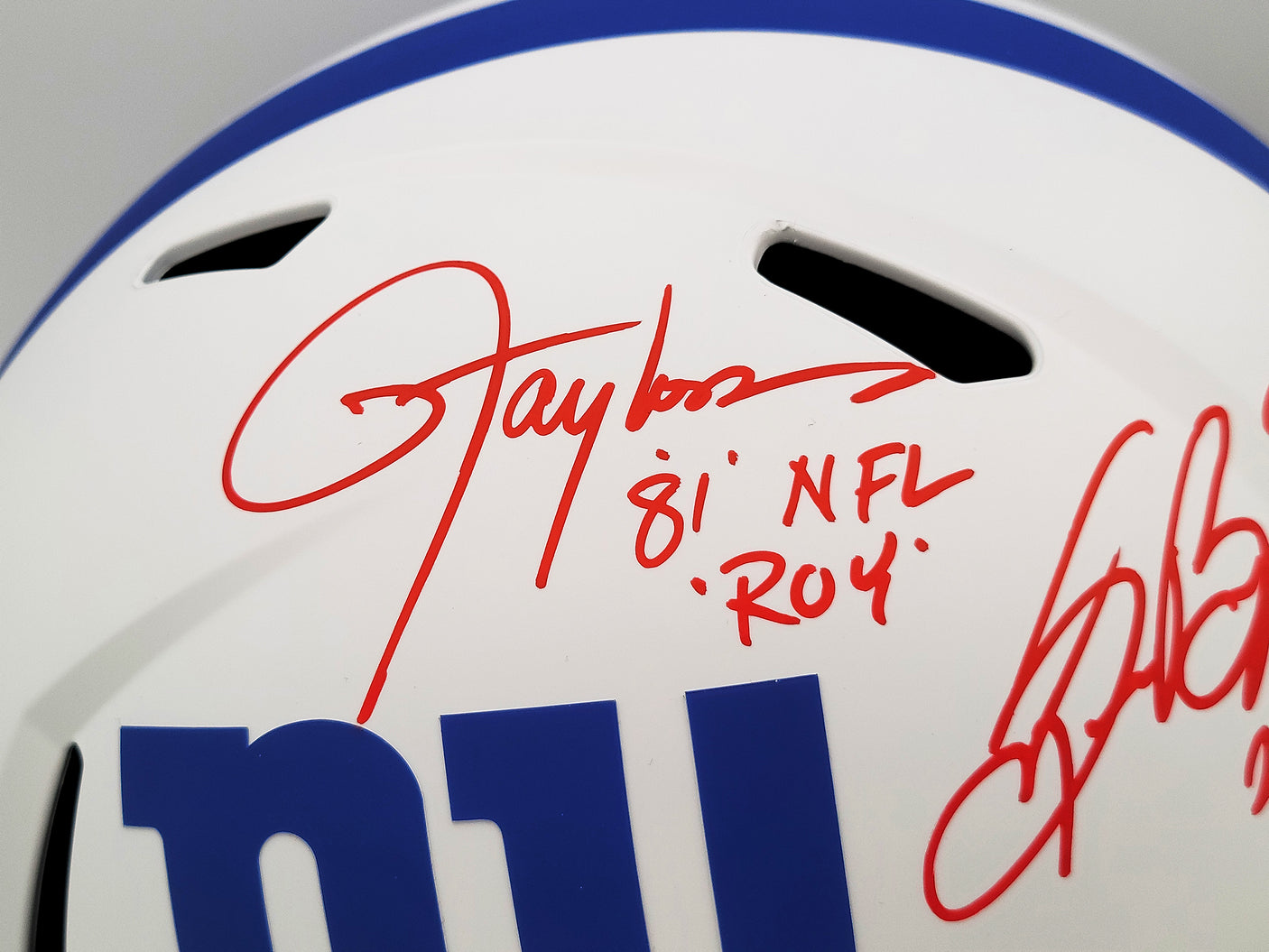 Lawrence Taylor & Saquon Barkley Autographed New York Giants Lunar Eclipse White Full Size Replica Speed Helmet "NFL ROY" Beckett BAS QR Stock #202989