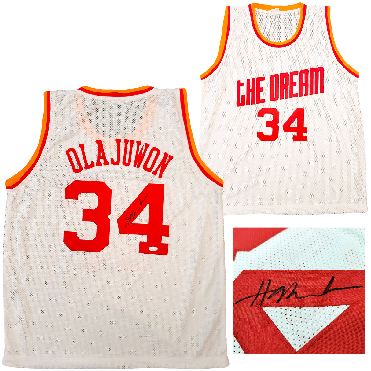 Houston Rockets Hakeem Olajuwon Autographed White Jersey The Dream JSA Stock #202339