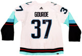 Seattle Kraken Yanni Gourde Autographed White Adidas Authentic Jersey Size 56 Inaugural Season Patch Fanatics Holo Stock #202429