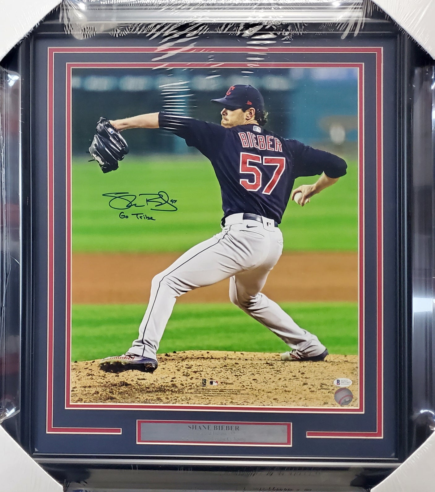 Shane Bieber Autographed Framed 16x20 Photo Cleveland Indians "Go Tribe" Beckett BAS #WF77613