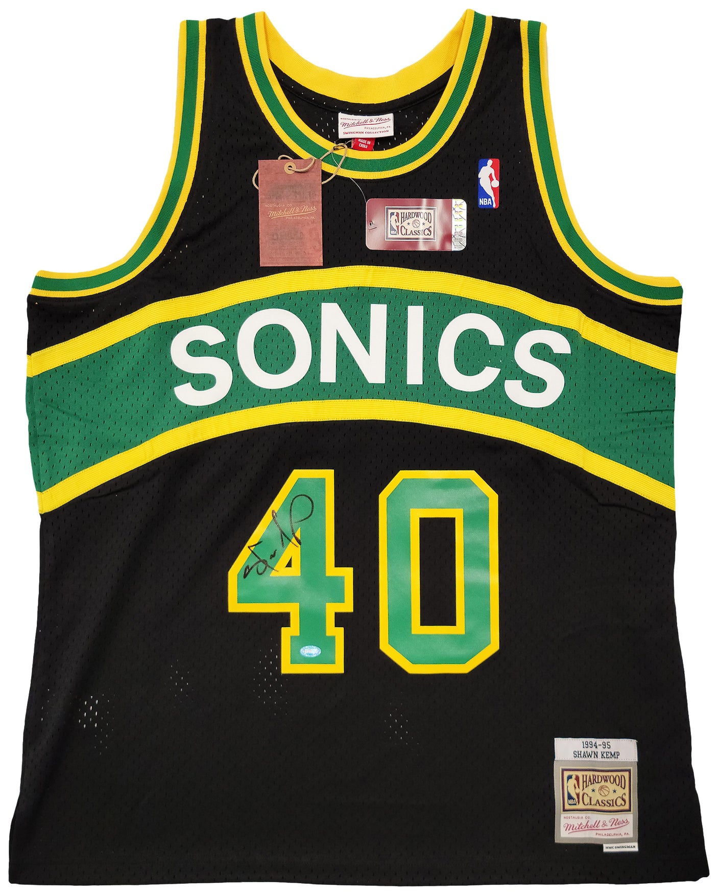 Seattle Supersonics Shawn Kemp Autographed Black Authentic Mitchell & Ness Hardwood Classics Swingman Jersey Size XL Signed On Front MCS Holo Stock #203435
