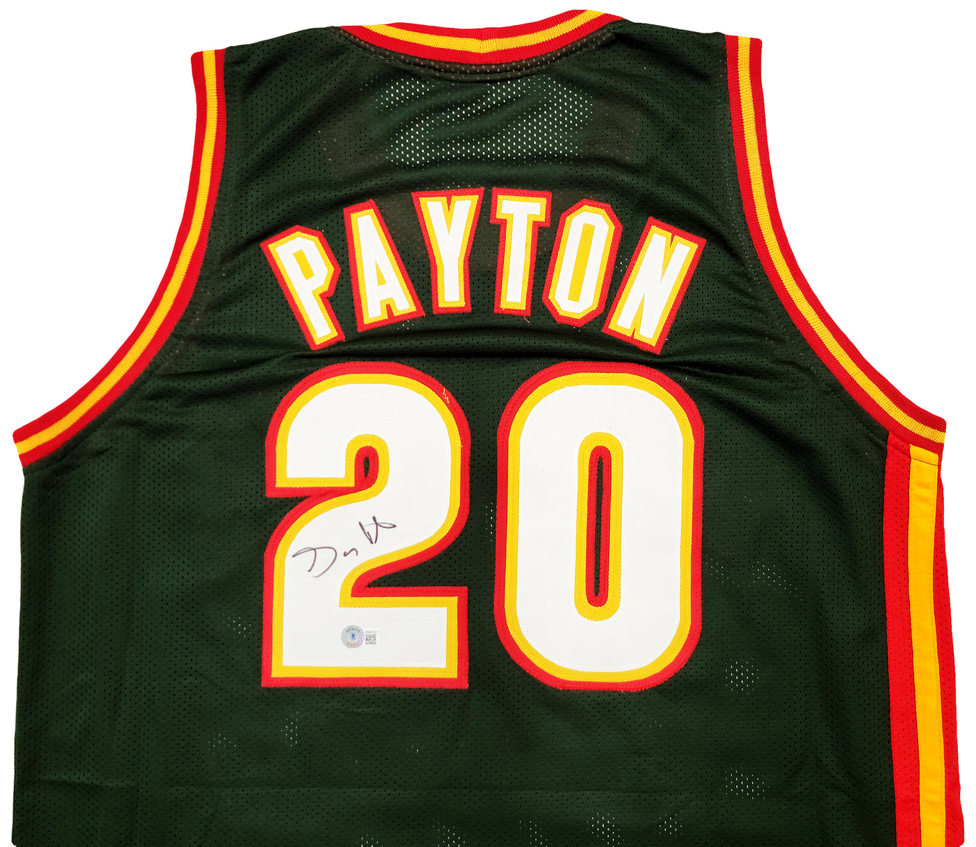 Seattle Supersonics Gary Payton Autographed Dark Green & Red Jersey Beckett BAS QR Stock #203422