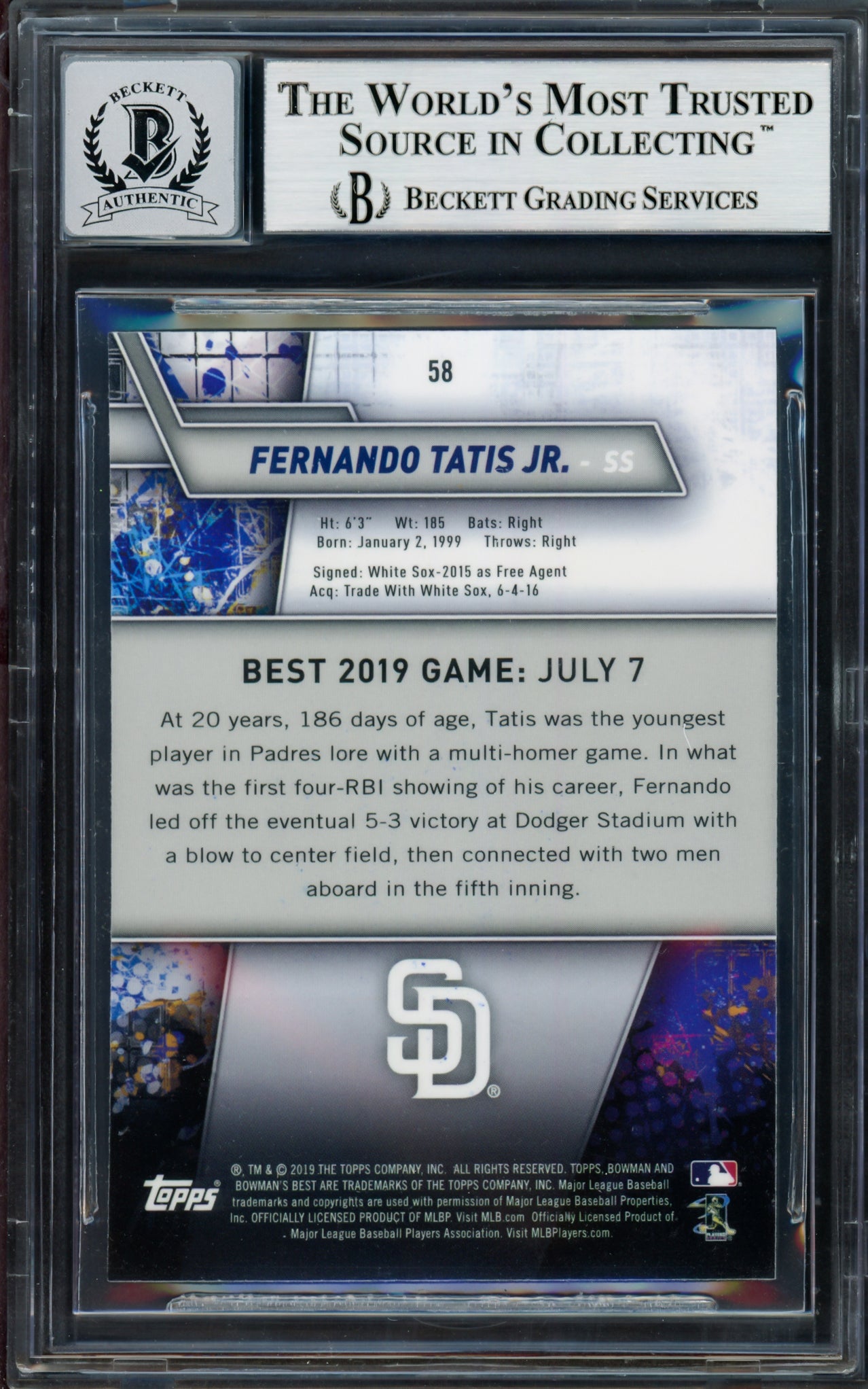 Fernando Tatis Jr. Autographed 2019 Bowman's Best Rookie Card #58 San Diego Padres Auto Grade Gem Mint 10 Beckett BAS Stock #202919