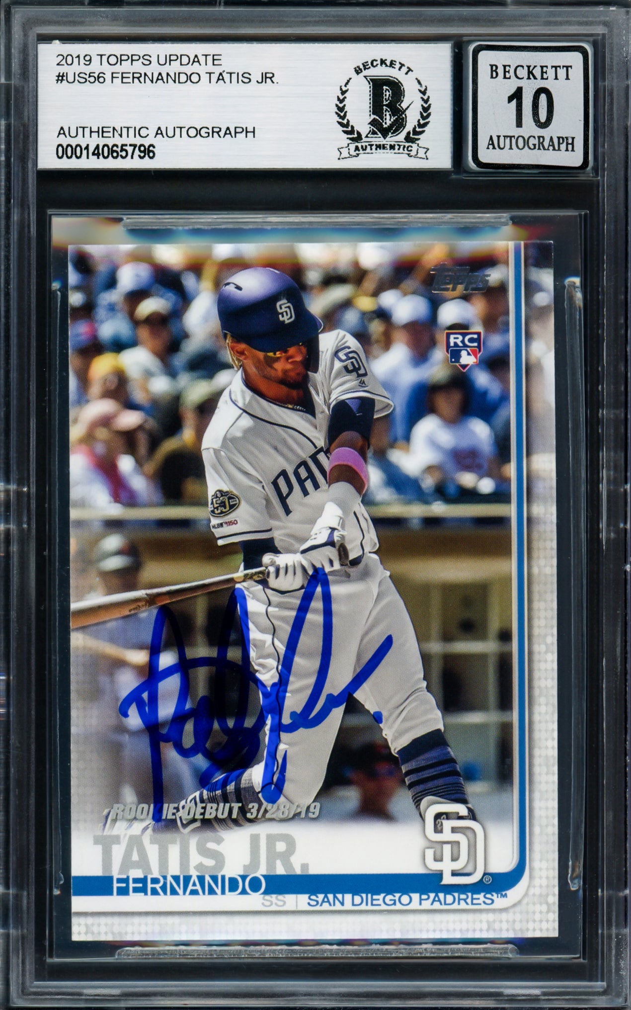 Fernando Tatis Jr. Autographed 2019 Topps Update Rookie Card #US56 San Diego Padres Auto Grade Gem Mint 10 Beckett BAS Stock #202922