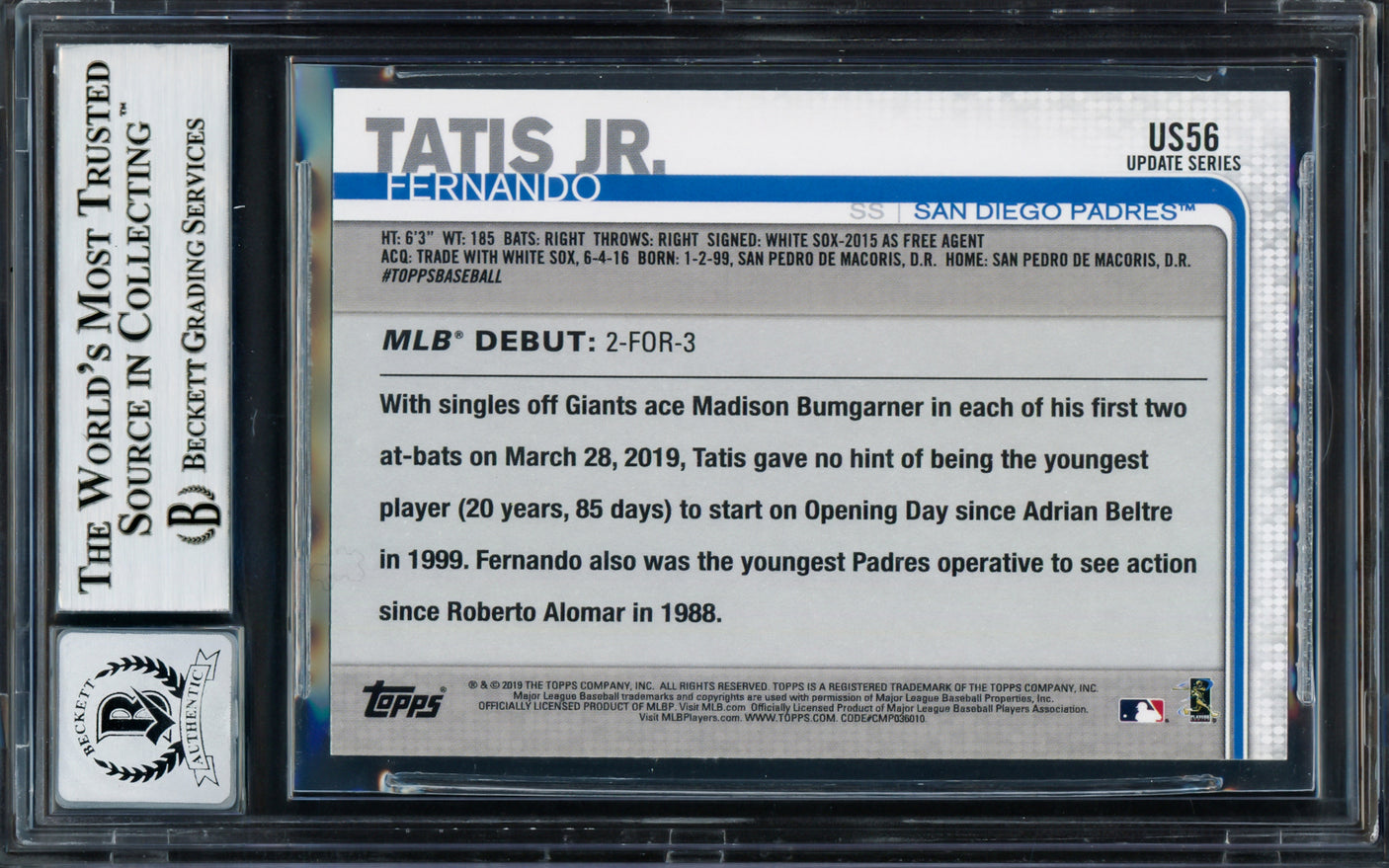 Fernando Tatis Jr. Autographed 2019 Topps Update Rookie Card #US56 San Diego Padres Auto Grade Gem Mint 10 Beckett BAS Stock #202922