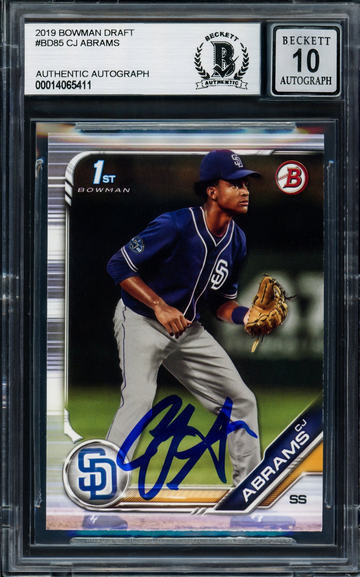 CJ Abrams Autographed 2019 Bowman Draft Rookie Card #BD85 San Diego Padres Auto Grade Gem Mint 10 Beckett BAS Stock #202932