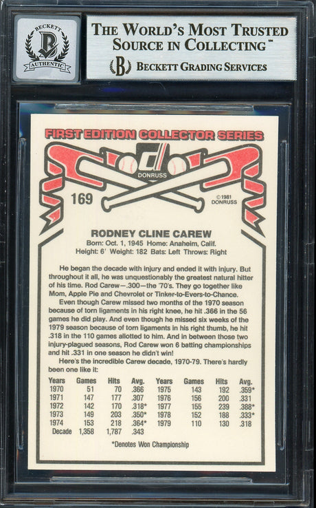 Rod Carew Autographed 1981 Donruss Card #169 California Angels Auto Grade Gem Mint 10 Beckett BAS #12751541