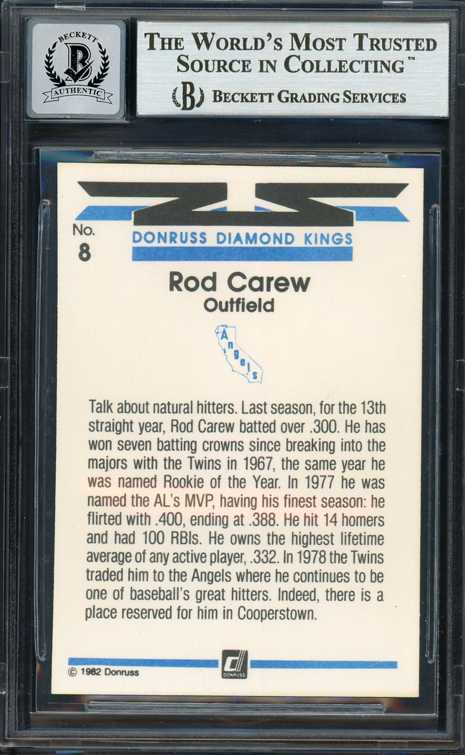Rod Carew Autographed 1982 Donruss Diamond Kings Card #8 California Angels Auto Grade Gem Mint 10 Beckett BAS #12751544