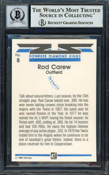 Rod Carew Autographed 1982 Donruss Diamond Kings Card #8 California Angels Auto Grade Gem Mint 10 Beckett BAS #12751545