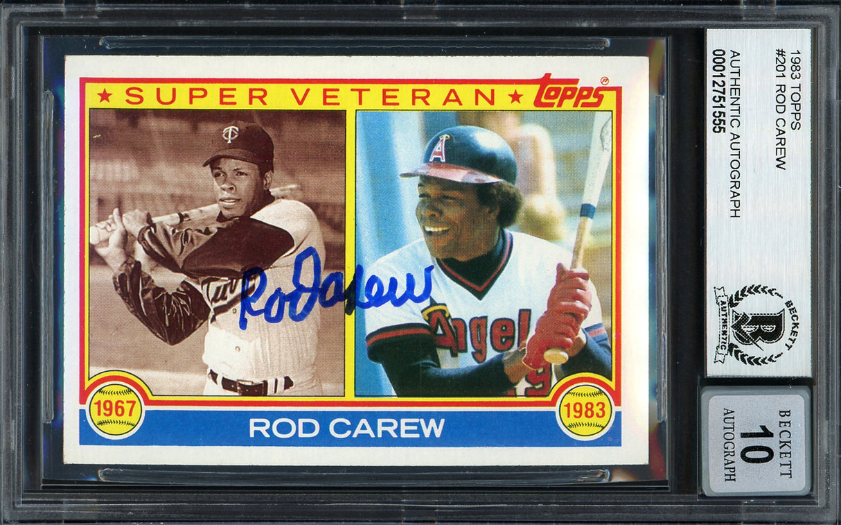 Rod Carew Autographed 1983 Topps Super Veteran Card #201 California Angels Auto Grade Gem Mint 10 Beckett BAS Stock #192673
