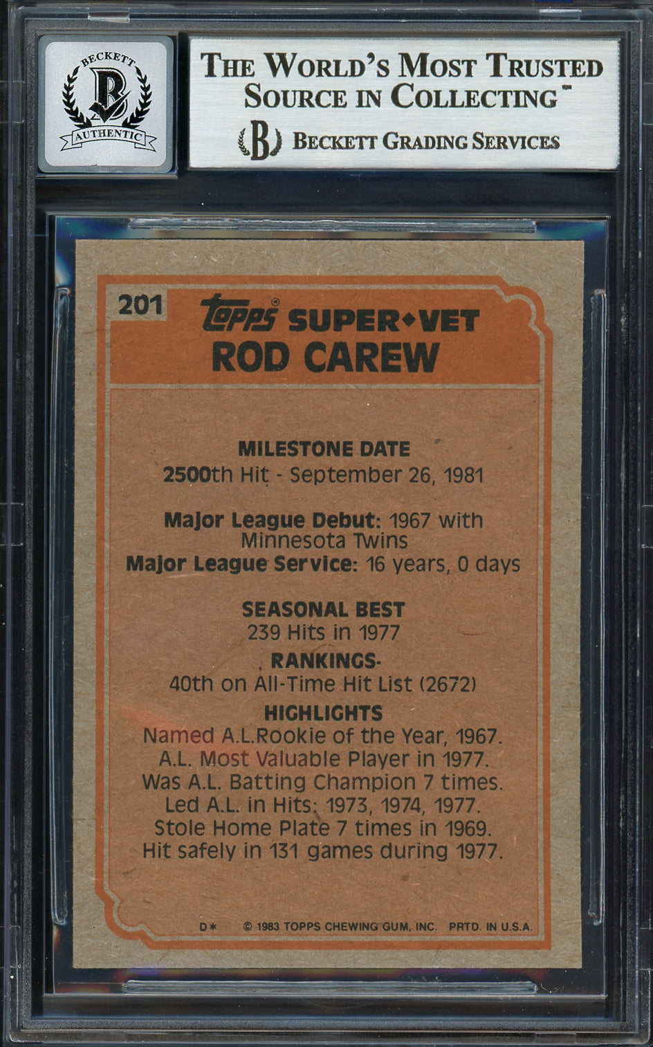 Rod Carew Autographed 1983 Topps Super Veteran Card #201 California Angels Auto Grade Gem Mint 10 Beckett BAS Stock #192673