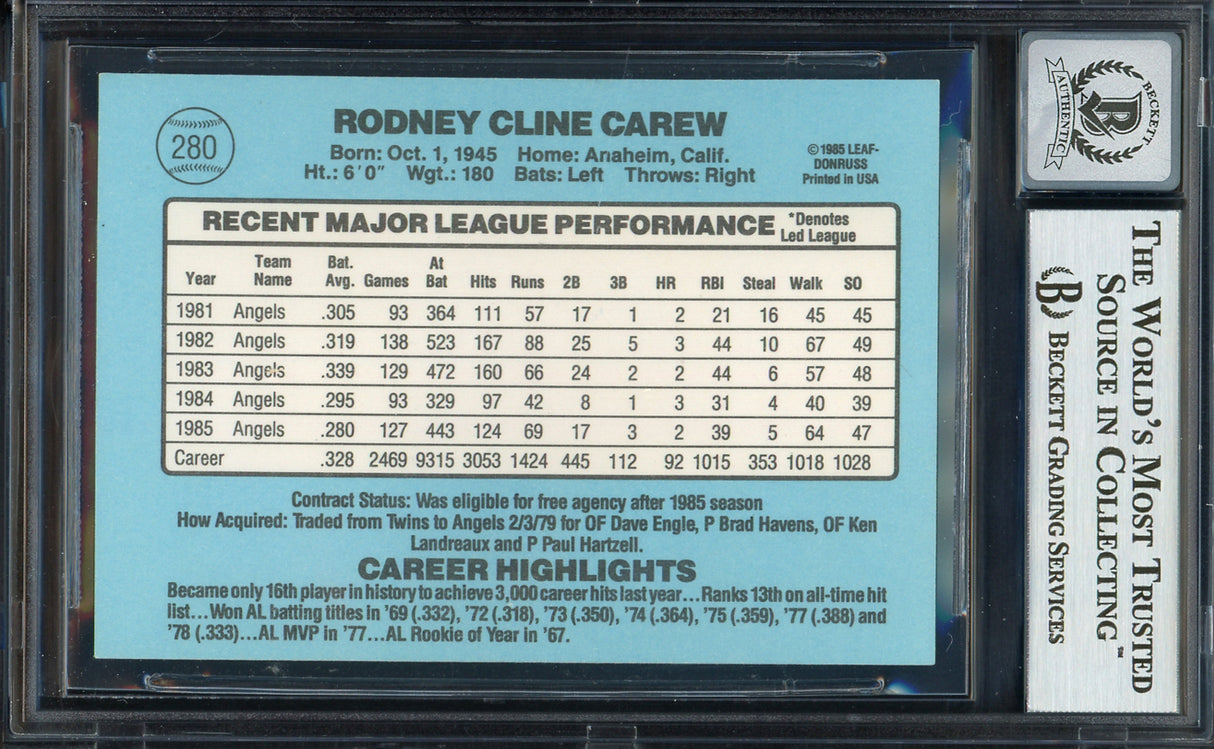 Rod Carew Autographed 1986 Donruss Card #280 California Angels Auto Grade Gem Mint 10 Beckett BAS Stock #192674