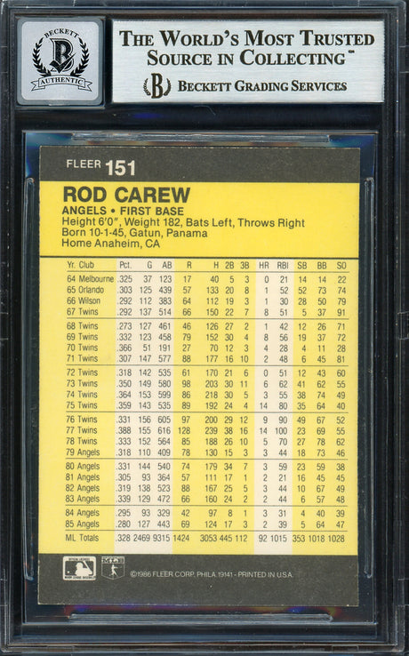 Rod Carew Autographed 1986 Fleer Card #151 California Angels Auto Grade Gem Mint 10 Beckett BAS Stock #192675