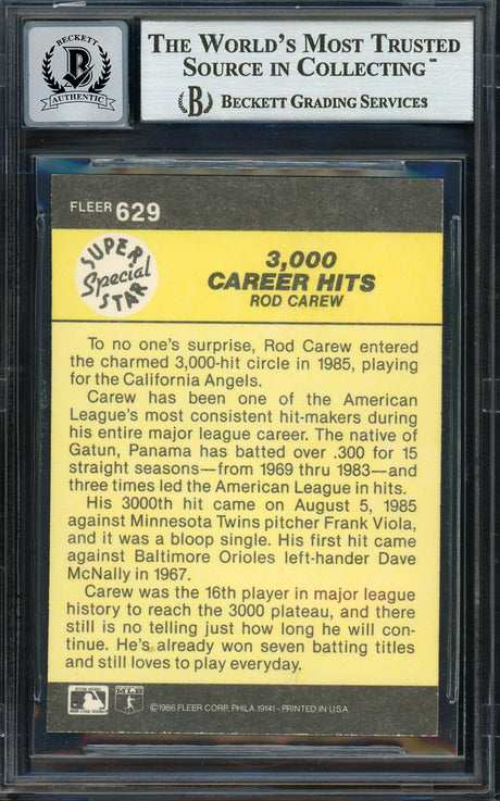 Rod Carew Autographed 1986 Fleer Card #629 California Angels Auto Grade Gem Mint 10 Beckett BAS #12751598