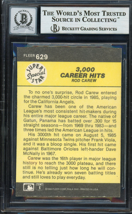 Rod Carew Autographed 1986 Fleer Card #629 California Angels Auto Grade Gem Mint 10 Beckett BAS #12751600