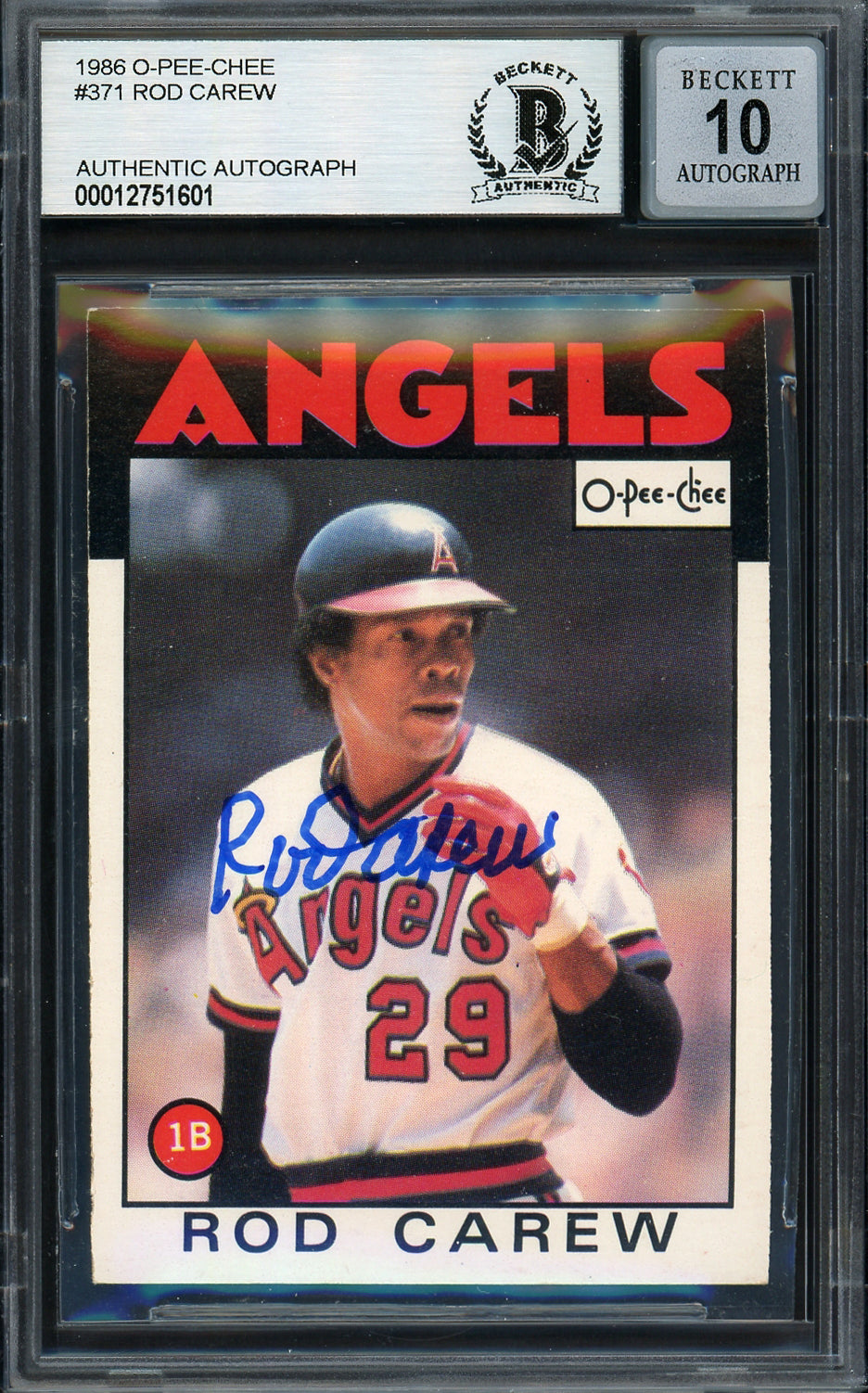 Rod Carew Autographed 1986 O Pee Chee Card #371 California Angels Auto Grade Gem Mint 10 Beckett BAS #12751601