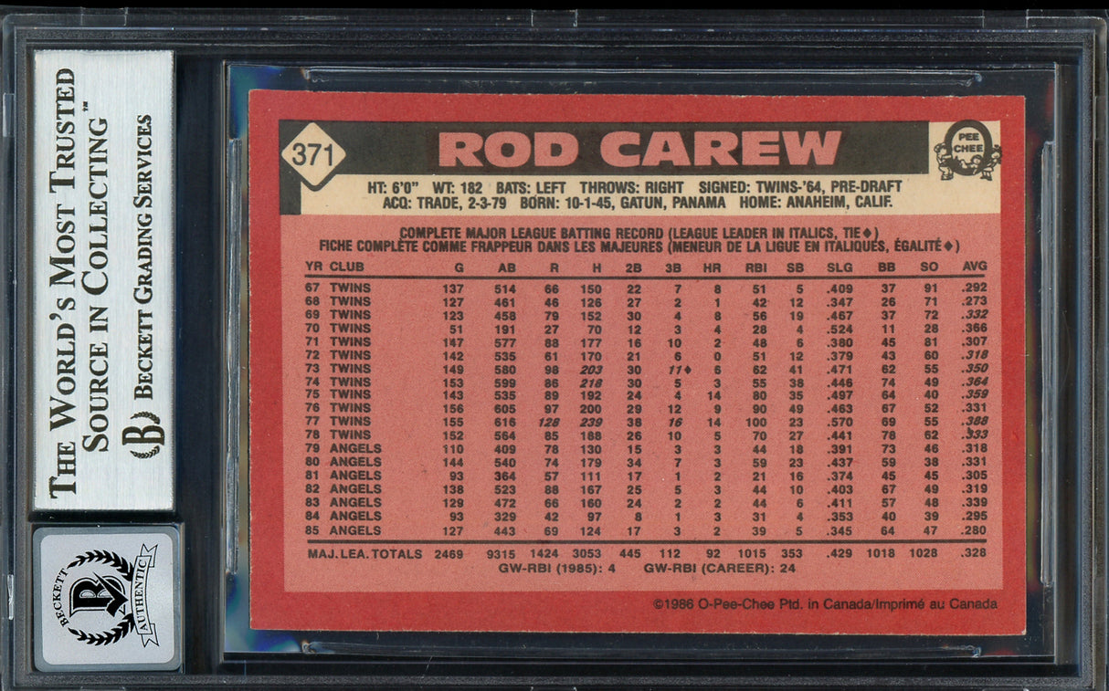 Rod Carew Autographed 1986 O Pee Chee Card #371 California Angels Auto Grade Gem Mint 10 Beckett BAS #12751601