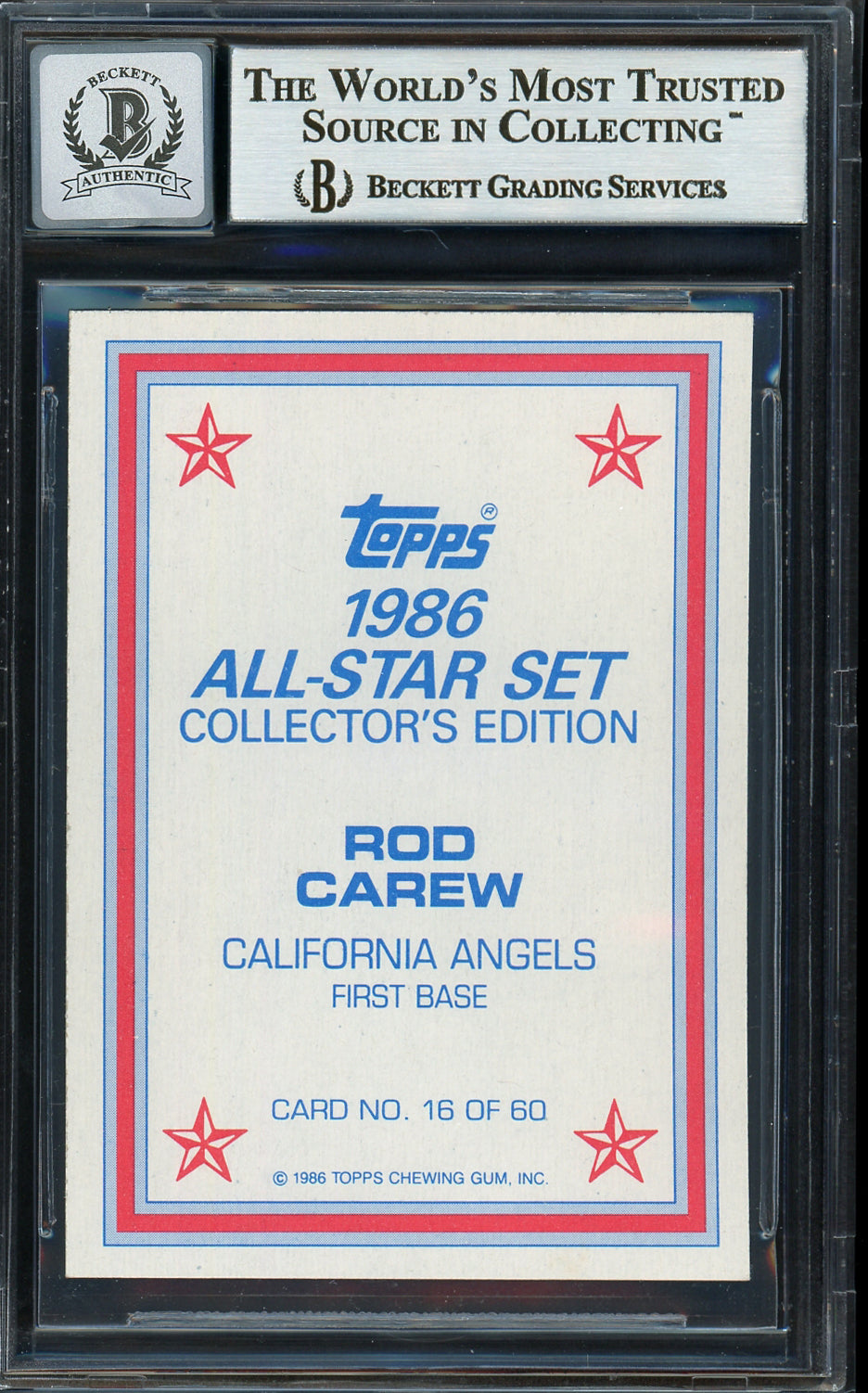 Rod Carew Autographed 1986 Topps All Star Set Card #16 California Angels Auto Grade Gem Mint 10 Beckett BAS #12751606