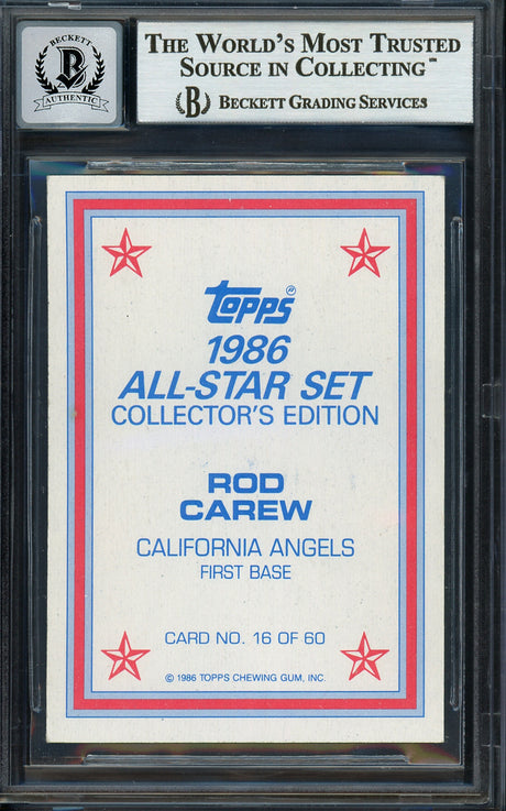 Rod Carew Autographed 1986 Topps All Star Set Card #16 California Angels Auto Grade Gem Mint 10 Beckett BAS #12751607
