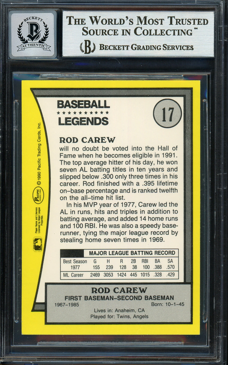 Rod Carew Autographed 1990 Pacific Card #17 Minnesota Twins Auto Grade Gem Mint 10 Beckett BAS #12751623