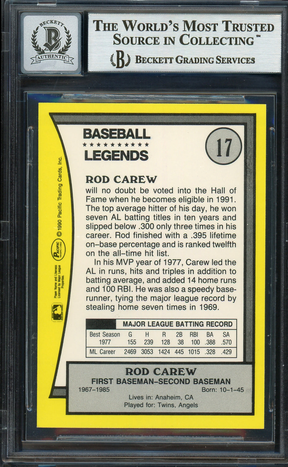 Rod Carew Autographed 1990 Pacific Card #17 Minnesota Twins Auto Grade Gem Mint 10 Beckett BAS #12751625